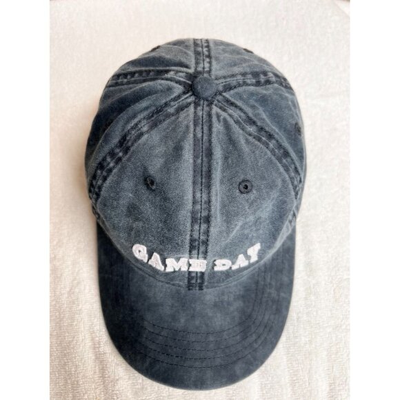 "Game Day" Stone Wash Gray Denim Embroidered Baseball Cap Striped Bill Underside - Picture 5 of 10